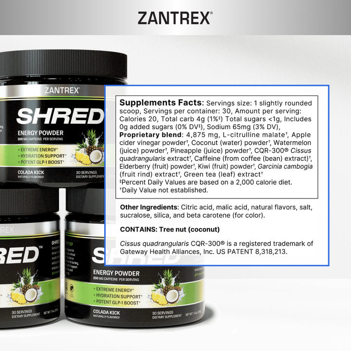 Zantrex Shred energy powder containers with supplement facts label on a gray background