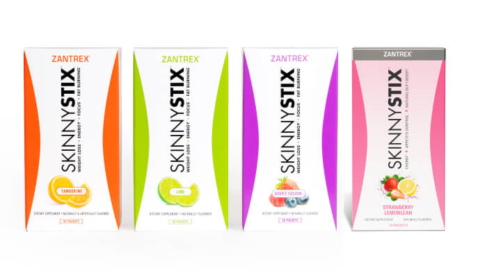 Four packages of Zantrex SkinnyStix in different flavors on a white background