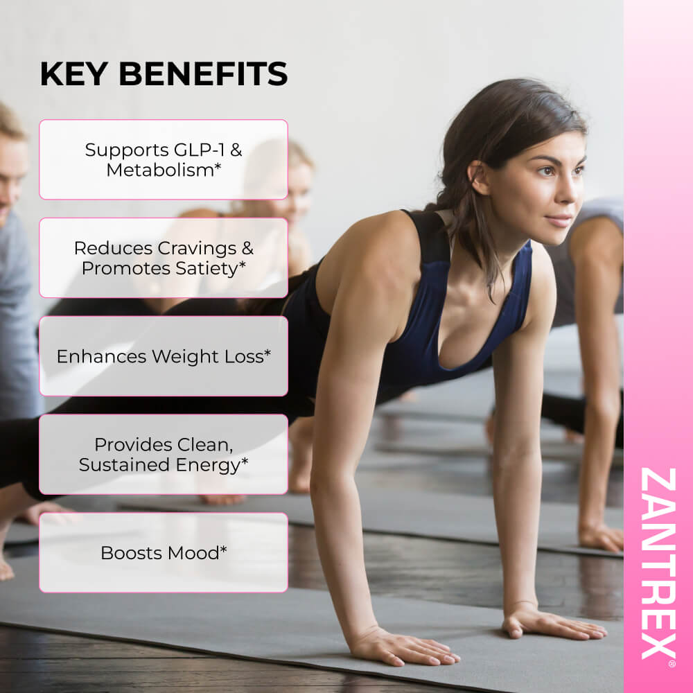 Zantrex benefits infographic showing a woman exercising. Key benefits include GLP-1 and metabolism support, reduced cravings, enhanced weight loss, clean energy, and mood boost.