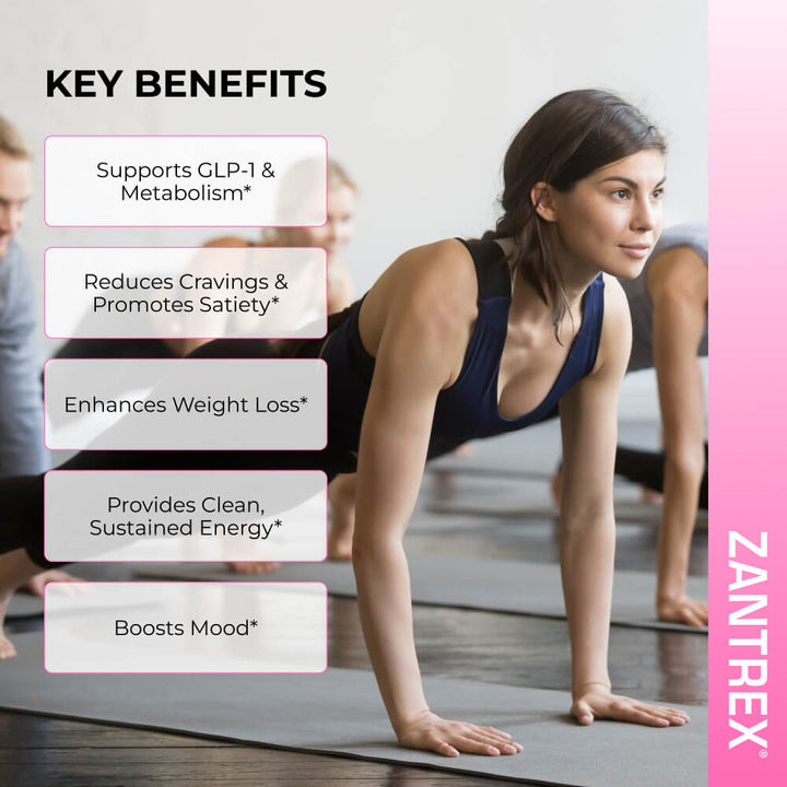 Zantrex benefits infographic showing a woman exercising. Key benefits include GLP-1 and metabolism support, reduced cravings, enhanced weight loss, clean energy, and mood boost.
