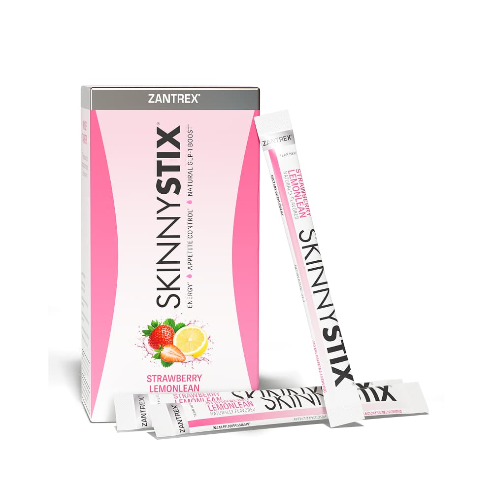 A box and individual powder packets of Zantrex SkinnyStix in Strawberry Lemonlean flavor. The packaging features a pink and white design with the text "Energy, Appetite Control, Natural GLP-1 Boost." A circular green badge in the corner indicates "No Artificial Flavors or Colors."