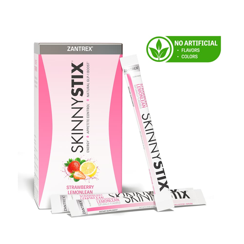 A box and individual powder packets of Zantrex SkinnyStix in Strawberry Lemonlean flavor. The packaging features a pink and white design with the text "Energy, Appetite Control, Natural GLP-1 Boost." A circular green badge in the corner indicates "No Artificial Flavors or Colors."