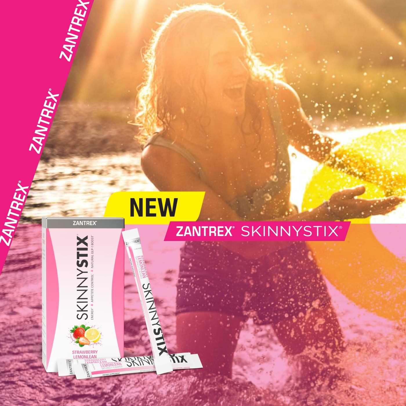 Zantrex SkinnyStix packaging on a pink background with a promotional image of people playing in water.