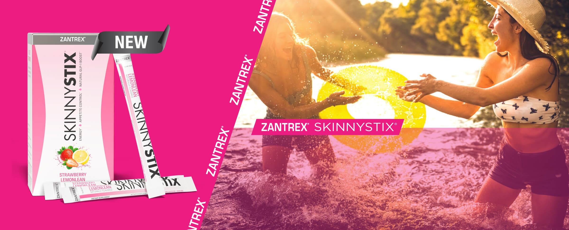 Zantrex SkinnyStix packaging on a pink background with a promotional image of people playing in water.